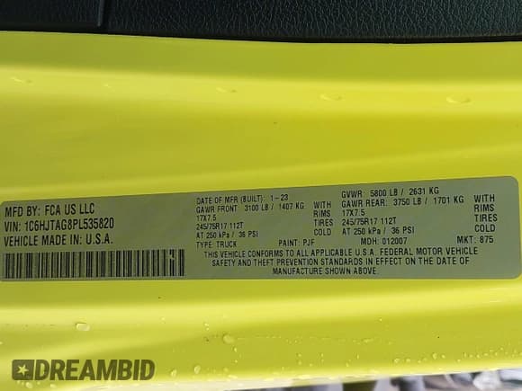 ✅ 2023 Jeep Gladiator Sport S • VIN: 1C6HJTAG8PL535820 • Лот: 42061745. Опубликован ранее на IAAI с пробегом 62 000 миль. Бесплатный доступ к архиву аукционных продаж из США и подробный отчёт об истории автомобиля на DreamBid. Изображение 9.