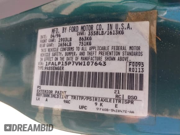 ✅ 1997 Ford Escort • VIN: 1FALP15P7VW107643 • Лот: 42157630. Опубликован ранее на IAAI с пробегом 96 148 миль. Бесплатный доступ к архиву аукционных продаж из США и подробный отчёт об истории автомобиля на DreamBid. Изображение 9.