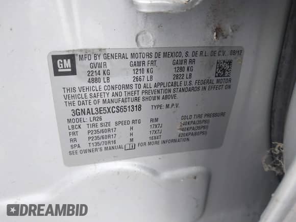 ✅ 2012 Chevrolet Captiva Sport LT • VIN: 3GNAL3E5XCS651318 • Лот: 41452242. Размещён на IAAI с пробегом 73 604 миль миль. Получите бесплатный доступ к архиву аукционных продаж из США и посмотрите подробный отчёт об истории автомобиля на DreamBid. Изображение 9.