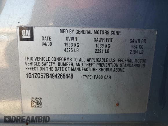 ✅ 2009 Chevrolet Malibu 1LS • VIN: 1G1ZG57B494266448 • Lot: 86676475. Listed on Copart with Not provided. Free auction sales archive from the USA and detailed vehicle history report at DreamBid. Image 12.