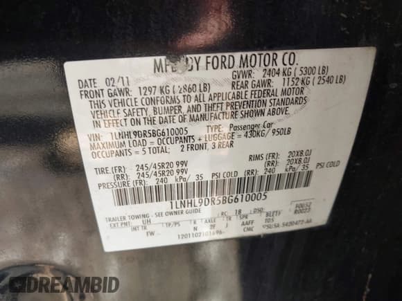 ✅ 2011 Lincoln MKS • VIN: 1LNHL9DR5BG610005 • Lot: 43138206. Wystawiony na IAAI z przebiegiem 187 307 mil. Bezpłatny archiwum sprzedaży aukcyjnych z USA i szczegółowy raport historii pojazdu na DreamBid. Zdjęcie 9.