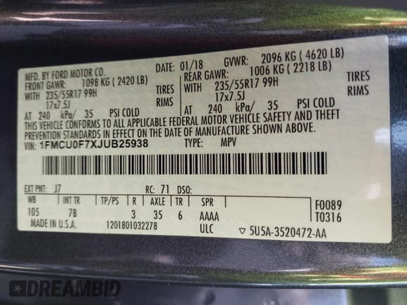 ✅ 2018 Ford Escape S • VIN: 1FMCU0F7XJUB25938 • Lot: 42616666. Listed on IAAI with 62,066 mi. Free auction sales archive from the USA and detailed vehicle history report at DreamBid. Image 9.