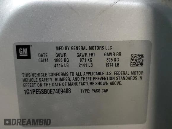 ✅ 2014 Chevrolet Cruze 2LT • VIN: 1G1PE5SB0E7409408 • Lot: 86823525. Listed on Copart with 203,056 mi. Free auction sales archive from the USA and detailed vehicle history report at DreamBid. Image 12.