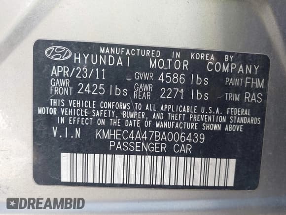 ✅ 2011 Hyundai Sonata Hybrid • VIN: KMHEC4A47BA006439 • Lot: 43355728. Listed on IAAI with 156,270 mi. Free auction sales archive from the USA and detailed vehicle history report at DreamBid. Image 9.