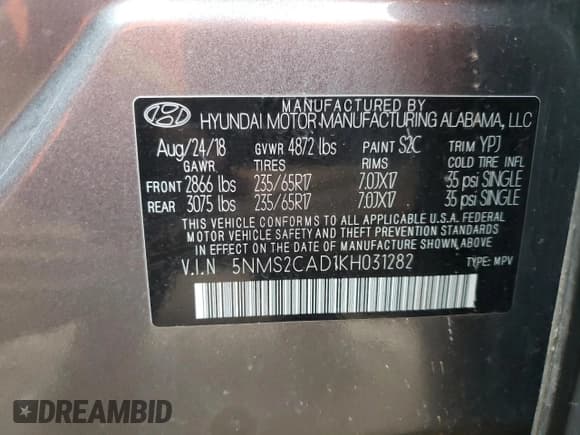 ✅ 2019 Hyundai Santa Fe SE • VIN: 5NMS2CAD1KH031282 • Lot: 75263393. Wystawiony na Copart z przebiegiem 72 069 mil. Bezpłatny archiwum sprzedaży aukcyjnych z USA i szczegółowy raport historii pojazdu na DreamBid. Zdjęcie 14.