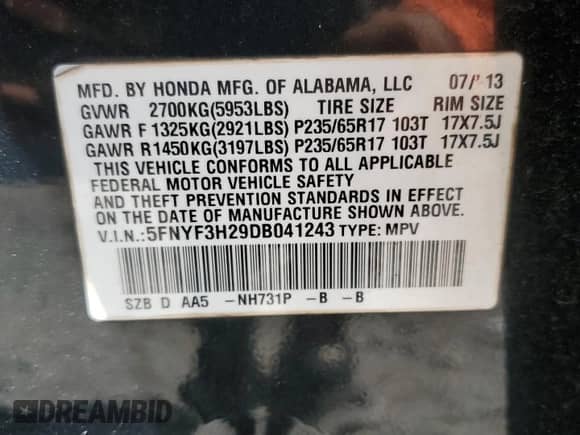 2013 Honda Pilot LX with VIN 5FNYF3H29DB041243, listed as a Copart auction lot 90041775 with 180,969 mi miles and Salvage title. Bid and sale history available at DreamBid. Image 13.