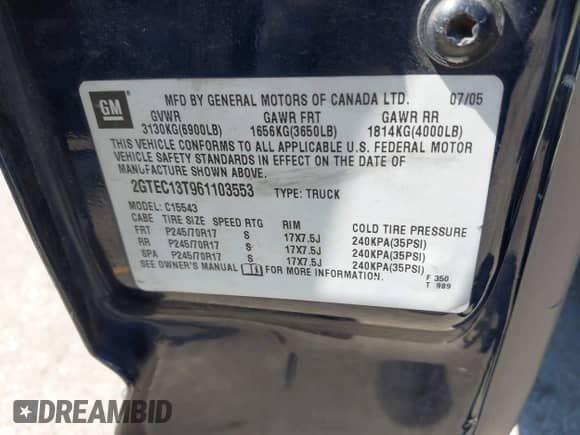 ✅ 2006 GMC Sierra 1500 SLE1 • VIN: 2GTEC13T961103553 • Lot: 43426274. Listed on IAAI with 291,175 mi. Free auction sales archive from the USA and detailed vehicle history report at DreamBid. Image 9.