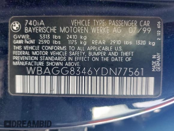 ✅ 2000 BMW 7 Series 740i • VIN: WBAGG8346YDN77561 • Lot: 82043495. Listed on Copart with Not provided. Free auction sales archive from the USA and detailed vehicle history report at DreamBid. Image 12.