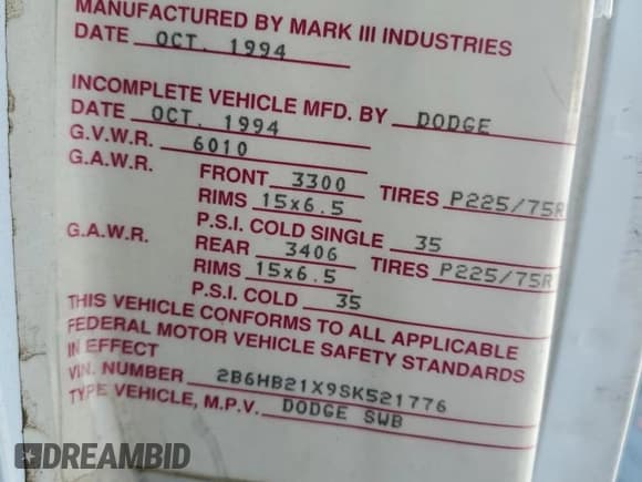 ✅ 1995 Dodge Cargo • VIN: 2B6HB21X9SK521776 • Lot: 81759865. Listed on Copart with 199,940 mi. Free auction sales archive from the USA and detailed vehicle history report at DreamBid. Image 14.