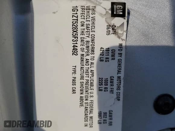 2005 Chevrolet Malibu LS с VIN 1G1ZT528X5F314492, выставлен на аукционе Copart как лот 84485584 с пробегом 167 233 миль миль и Чистый • Clean title. История ставок и продаж доступна на DreamBid. Изображение 12.