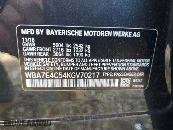 ✅ 2019 BMW 7 Series 740i xDrive • VIN: WBA7E4C54KGV70217 • Lot: 70487135. Listed on Copart with 63,589 mi. Free auction sales archive from the USA and detailed vehicle history report at DreamBid. Image 12.