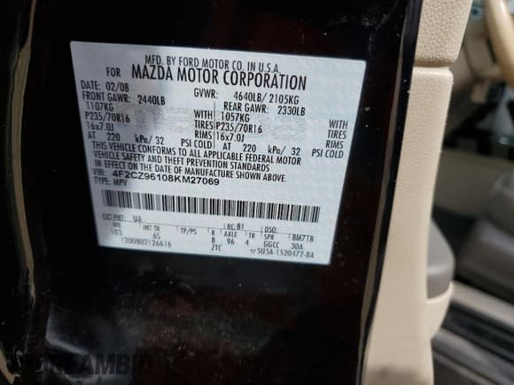 ✅ 2008 Mazda Tribute Sport • VIN: 4F2CZ96108KM27069 • Лот: 56561164. Опубликован ранее на Copart с пробегом Не указан. Бесплатный доступ к архиву аукционных продаж из США и подробный отчёт об истории автомобиля на DreamBid. Изображение 12.