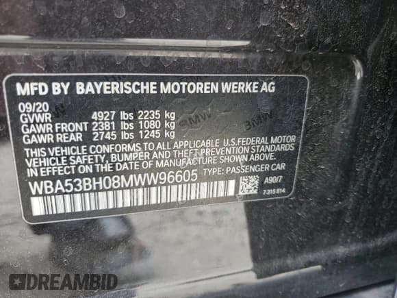 ✅ 2021 BMW 5 Series 530i • VIN: WBA53BH08MWW96605 • Lot: 54408375. Listed on Copart with 83,698 mi. Free auction sales archive from the USA and detailed vehicle history report at DreamBid. Image 12.