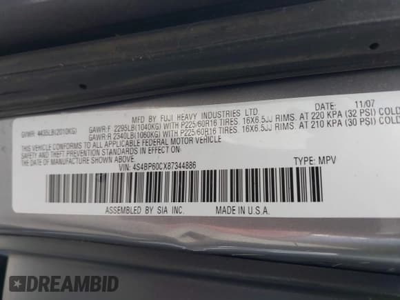 ✅ 2008 Subaru Outback • VIN: 4S4BP60CX87344886 • Lot: 42813607. Listed on IAAI with 145,235 mi. Free auction sales archive from the USA and detailed vehicle history report at DreamBid. Image 9.