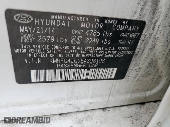 2014 Hyundai Azera with VIN KMHFG4JG9EA398198, listed as a Copart auction lot 47691745 with 85,215 mi miles and Clean title. Bid and sale history available at DreamBid. Image 12.