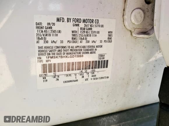 ✅ 2020 Ford Explorer • VIN: 1FMSK7BHXLGD15880 • Лот: 62915305. Опубликован ранее на Copart с пробегом 66 484 миль. Бесплатный доступ к архиву аукционных продаж из США и подробный отчёт об истории автомобиля на DreamBid. Изображение 13.