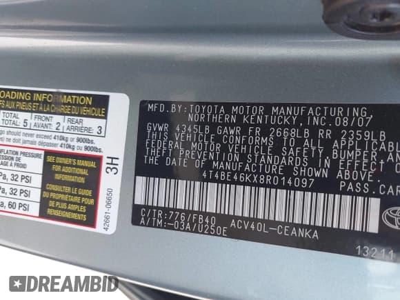 ✅ 2008 Toyota Camry LE • VIN: 4T4BE46KX8R014097 • Lot: 43815121. Listed on IAAI with 156,648 mi. Free auction sales archive from the USA and detailed vehicle history report at DreamBid. Image 9.