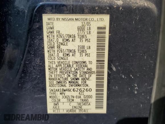 ✅ 2006 Nissan Pathfinder SE • VIN: 5N1AR18W46C626260 • Lot: 66339665. Listed on Copart with 212,648 mi. Free auction sales archive from the USA and detailed vehicle history report at DreamBid. Image 12.