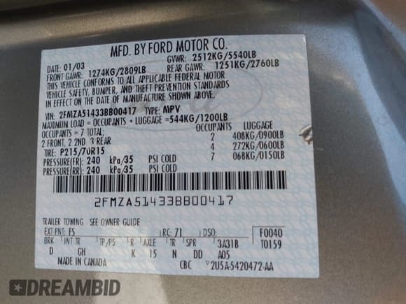 ✅ 2003 Ford Windstar LX • VIN: 2FMZA51433BB00417 • Lot: 43390087. Listed on IAAI with 184,318 mi. Free auction sales archive from the USA and detailed vehicle history report at DreamBid. Image 9.