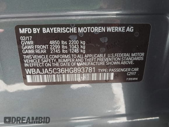 ✅ 2017 BMW 5 Series 530i • VIN: WBAJA5C36HG893781 • Lot: 43151248. Listed on IAAI with 71,084 mi. Free auction sales archive from the USA and detailed vehicle history report at DreamBid. Image 9.