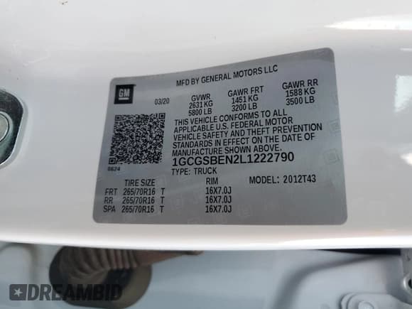 ✅ 2020 Chevrolet Colorado 2WD Work Truck • VIN: 1GCGSBEN2L1222790 • Lot: 82122784. Listed on Copart with 51,374 mi. Free auction sales archive from the USA and detailed vehicle history report at DreamBid. Image 12.