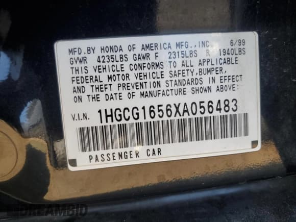 ✅ 1999 Honda Accord EX • VIN: 1HGCG1656XA056483 • Lot: 81012165. Wystawiony na Copart z przebiegiem 172 315 mil. Bezpłatny archiwum sprzedaży aukcyjnych z USA i szczegółowy raport historii pojazdu na DreamBid. Zdjęcie 12.