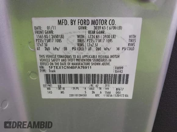 ✅ 2011 Ford F-150 XLT • VIN: 1FTEX1CM4BFA76911 • Lot: 43638919. Listed on IAAI with 141,907 mi. Free auction sales archive from the USA and detailed vehicle history report at DreamBid. Image 9.