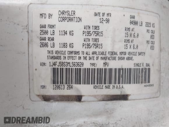 ✅ 1991 Jeep Cherokee • VIN: 1J4FJ58S3ML563620 • Lot: 42131093. Listed on IAAI with 198,942 mi. Free auction sales archive from the USA and detailed vehicle history report at DreamBid. Image 9.