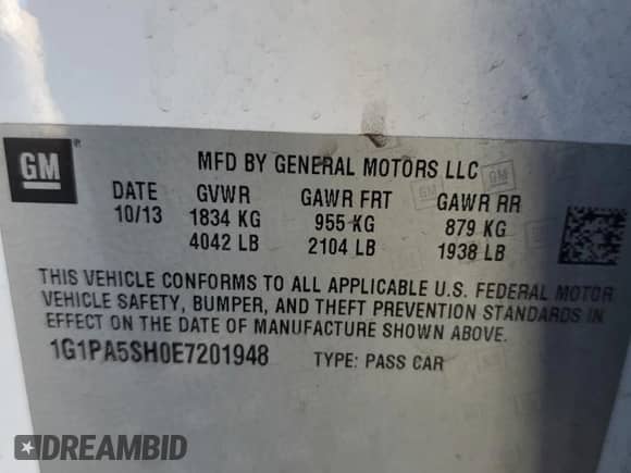 2014 Chevrolet Cruze LS z VIN 1G1PA5SH0E7201948, wystawiony jako Copart lot #86538545 z przebiegiem 151 165 mil mil oraz Szkoda całkowita • Salvage title. Historia ofert i sprzedaży dostępna na DreamBid. Obrazek 13.