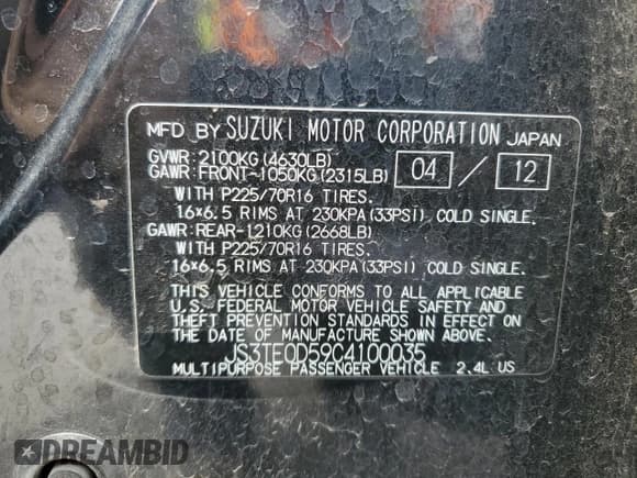 ✅ 2012 Suzuki Grand Vitara • VIN: JS3TE0D59C4100035 • Lot: 51780435. Wystawiony na Copart z przebiegiem 49 620 mil. Bezpłatny archiwum sprzedaży aukcyjnych z USA i szczegółowy raport historii pojazdu na DreamBid. Zdjęcie 13.