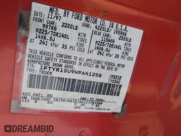 ✅ 1998 Ford Ranger XL • VIN: 1FTYR10U9WPA41258 • Лот: 43783956. Опубликован ранее на IAAI с пробегом 181 073 миль. Бесплатный доступ к архиву аукционных продаж из США и подробный отчёт об истории автомобиля на DreamBid. Изображение 9.