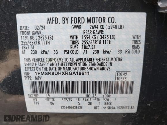 ✅ 2024 Ford Explorer XLT • VIN: 1FMSK8DHXRGA19611 • Lot: 42291853. Wystawiony na IAAI z przebiegiem 22 312 mil. Bezpłatny archiwum sprzedaży aukcyjnych z USA i szczegółowy raport historii pojazdu na DreamBid. Zdjęcie 9.