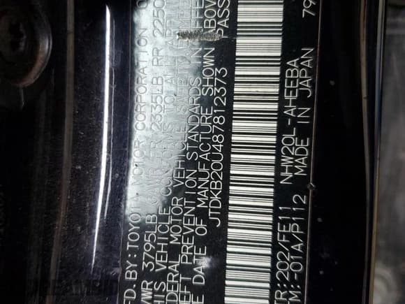 ✅ 2008 Toyota Prius • VIN: JTDKB20U487812373 • Lot: 79179744. Listed on Copart with 177,773 mi. Free auction sales archive from the USA and detailed vehicle history report at DreamBid. Image 12.