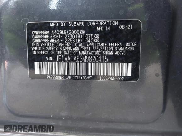 ✅ 2021 Subaru WRX • VIN: JF1VA1A63M9820415 • Lot: 42598065. Wystawiony na IAAI z przebiegiem 45 442 mil. Bezpłatny archiwum sprzedaży aukcyjnych z USA i szczegółowy raport historii pojazdu na DreamBid. Zdjęcie 9.