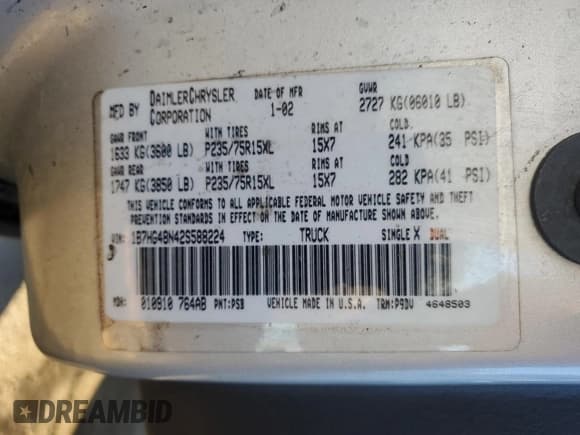 ✅ 2002 Dodge Dakota SLT • VIN: 1B7HG48N42S588224 • Lot: 87807265. Wystawiony na Copart z przebiegiem 69 817 mil. Bezpłatny archiwum sprzedaży aukcyjnych z USA i szczegółowy raport historii pojazdu na DreamBid. Zdjęcie 13.