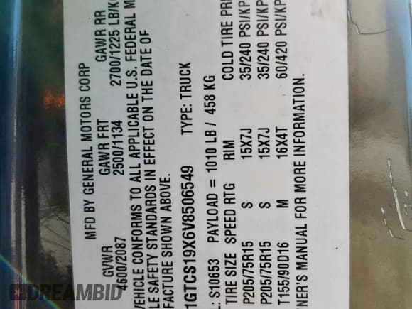 ✅ 1997 GMC Sonoma SLS • VIN: 1GTCS19X6V8506549 • Lot: 65263955. Wystawiony na Copart z przebiegiem 89 264 mil. Bezpłatny archiwum sprzedaży aukcyjnych z USA i szczegółowy raport historii pojazdu na DreamBid. Zdjęcie 12.