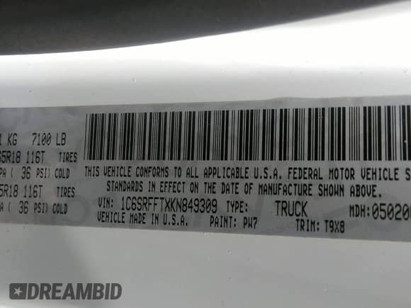 2019 Ram 1500 Big Horn с VIN 1C6SRFFTXKN849309, выставлен на аукционе IAAI как лот 43390609 с пробегом 114 883 миль миль и . История ставок и продаж доступна на DreamBid. Изображение 9.