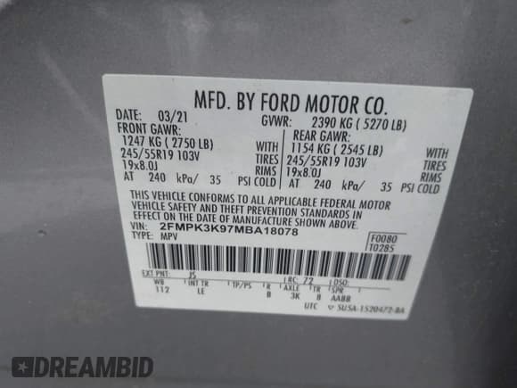 ✅ 2021 Ford Edge Titanium • VIN: 2FMPK3K97MBA18078 • Лот: 42305020. Опубликован ранее на IAAI с пробегом 76 910 миль. Бесплатный доступ к архиву аукционных продаж из США и подробный отчёт об истории автомобиля на DreamBid. Изображение 9.