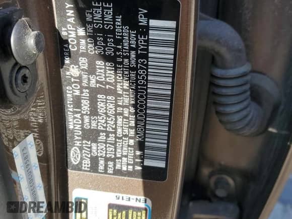 2012 Hyundai Veracruz Limited с VIN KM8NUDCC0CU195873, выставлен на аукционе Copart как лот 48550085 с пробегом 74 188 миль миль и Списание • Salvage title. История ставок и продаж доступна на DreamBid. Изображение 13.