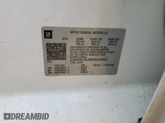 2019 Chevrolet Tahoe Premier z VIN 1GNSKCKJ3KR220037, wystawiony jako Copart lot #54484665 z przebiegiem 94 112 mil mil oraz Szkoda całkowita • Salvage title. Historia ofert i sprzedaży dostępna na DreamBid. Obrazek 13.