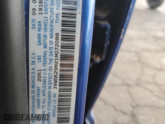 ✅ 2001 Volkswagen Jetta GLS • VIN: 3VWSK29M21M072088 • Lot: 53993495. Listed on Copart with 168,590 mi. Free auction sales archive from the USA and detailed vehicle history report at DreamBid. Image 13.