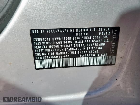 ✅ 2012 Volkswagen Jetta • VIN: 3VW1K7AJ6CM426059 • Lot: 92380165. Listed on Copart with 116,099 mi. Free auction sales archive from the USA and detailed vehicle history report at DreamBid. Image 12.