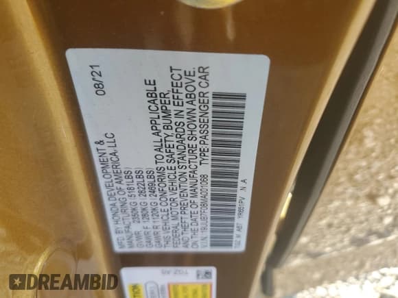 ✅ 2021 Acura TLX Type S • VIN: 19UUB7F08MA001068 • Lot: 69043555. Listed on Copart with 2,663 mi. Free auction sales archive from the USA and detailed vehicle history report at DreamBid. Image 13.