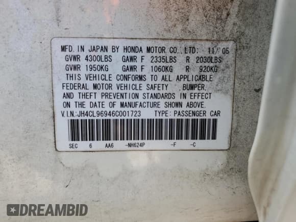 ✅ 2006 Acura TSX Navi • VIN: JH4CL96946C001723 • Lot: 70807614. Listed on Copart with Not provided. Free auction sales archive from the USA and detailed vehicle history report at DreamBid. Image 12.