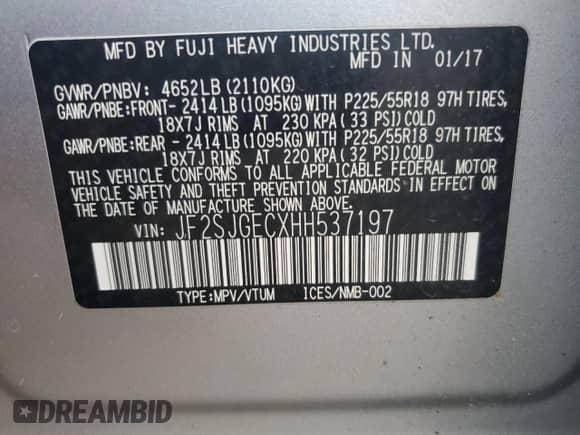 2017 Subaru Forester Premium with VIN JF2SJGECXHH537197, listed as a Copart auction lot 70521415 with 105,322 mi miles and Salvage title. Bid and sale history available at DreamBid. Image 13.