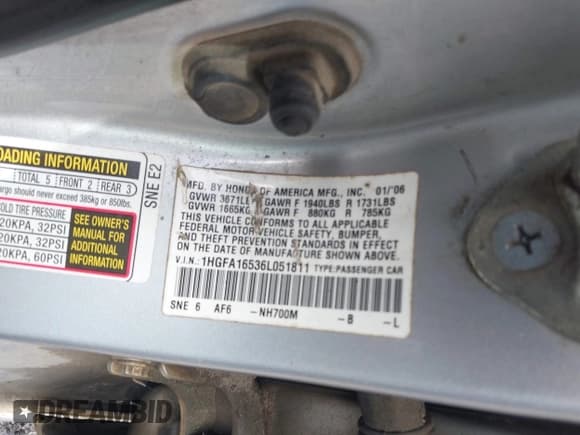 ✅ 2006 Honda Civic LX • VIN: 1HGFA16536L051811 • Лот: 42281038. Опубликован ранее на IAAI с пробегом 320 811 миль. Бесплатный доступ к архиву аукционных продаж из США и подробный отчёт об истории автомобиля на DreamBid. Изображение 9.