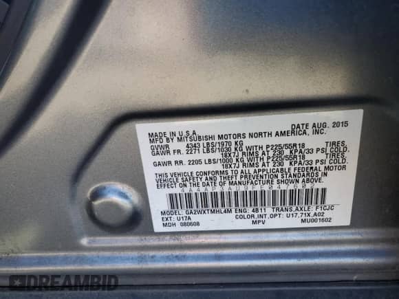 2015 Mitsubishi Outlander ES with VIN 4A4AP3AU9FE047602, listed as a Copart auction lot 82592275 with Not provided miles and Salvage title. Bid and sale history available at DreamBid. Image 12.