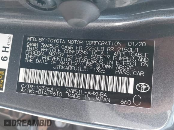 ✅ 2020 Toyota Prius LE • VIN: JTDKARFU1L3111325 • Lot: 43758862. Wystawiony na IAAI z przebiegiem 44 007 mil. Bezpłatny archiwum sprzedaży aukcyjnych z USA i szczegółowy raport historii pojazdu na DreamBid. Zdjęcie 9.