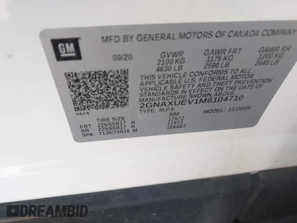 ✅ 2021 Chevrolet Equinox LT • VIN: 2GNAXUEV1M6104710 • Lot: 43485851. Listed on IAAI with 92,967 mi. Free auction sales archive from the USA and detailed vehicle history report at DreamBid. Image 9.