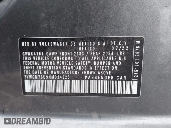 ✅ 2022 Volkswagen Jetta SEL • VIN: 3VWGM7BU9NM024925 • Lot: 43274969. Wystawiony na IAAI z przebiegiem 33 541 mil. Bezpłatny archiwum sprzedaży aukcyjnych z USA i szczegółowy raport historii pojazdu na DreamBid. Zdjęcie 9.